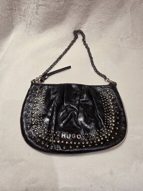Y2K Era HUGO Black Studded Mini Shoulder Bag with Chain Strap